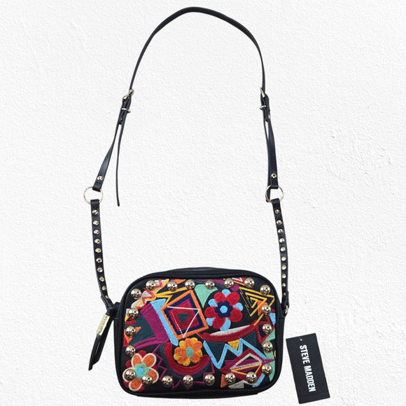 Steve Madden Braye Black Crossbody Bag Boho Embroidered Floral Studded Purse - Picture 3 of 13